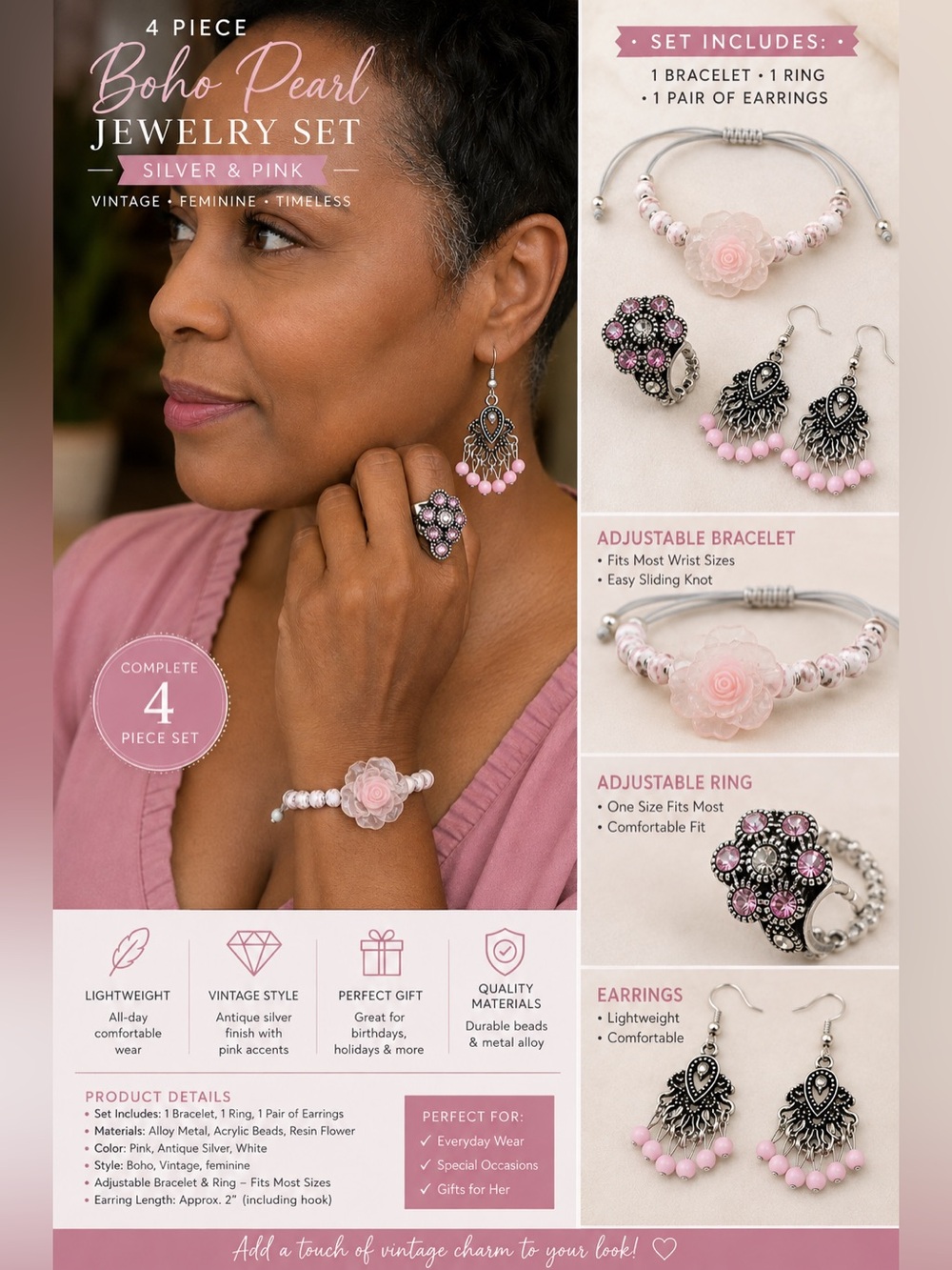 4pcs-Boho Pearl 4-Piece Jewelry Set - Pink & Silvertoned